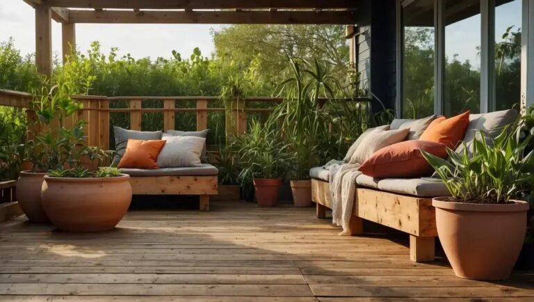 Ambiente externo com deck de madeira reciclada e vasos de barro natural