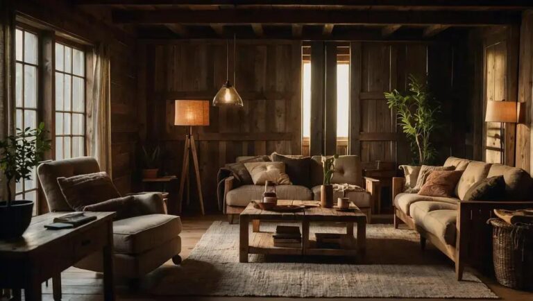 Ambiente integrado com móveis de demolição e iluminação quente difusa