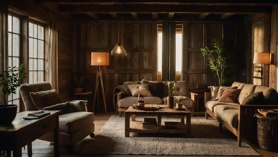 Ambiente integrado com móveis de demolição e iluminação quente difusa