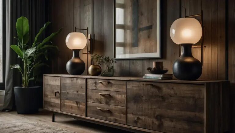 Aparadores de madeira envelhecida com acabamento queimado fosco