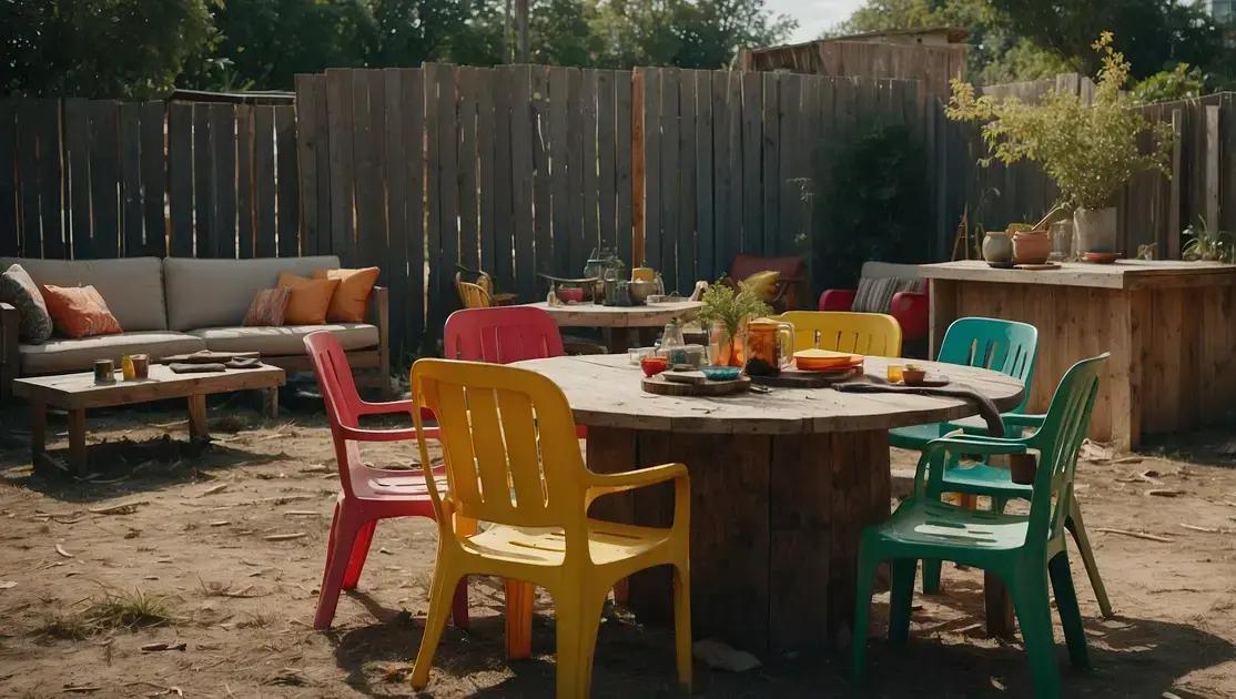 Área de lazer externa com mesa rústica e cadeiras de demolição coloridas