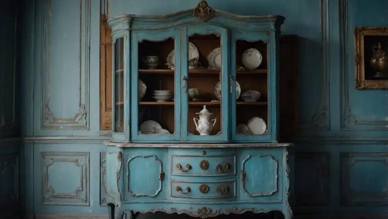 Armários antigos restaurados com acabamento pátina azul provençal