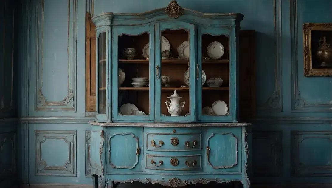 Armários antigos restaurados com acabamento pátina azul provençal