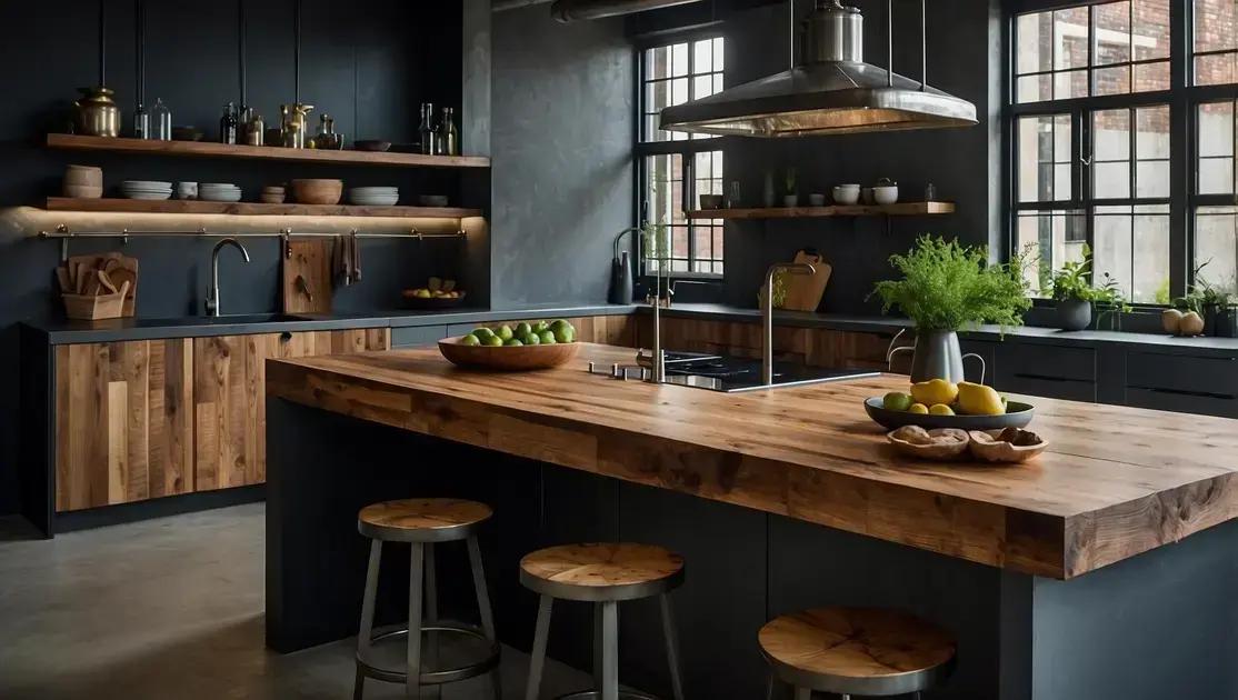 Balcões de cozinha industrial com tampo de madeira maciça reciclada