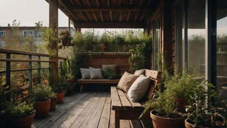 Bancos longos de madeira reaproveitada para varanda coberta