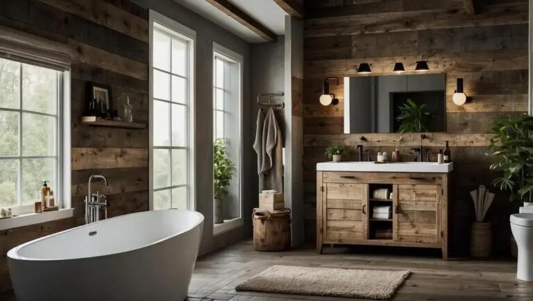 Banheiro moderno com detalhes rústicos em madeira de demolição tratada