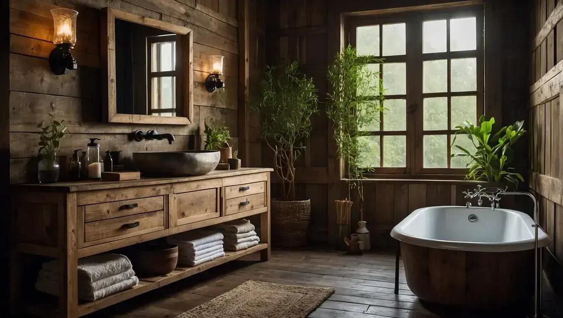 Banheiro rústico com pia esculpida em madeira antiga impermeabilizada