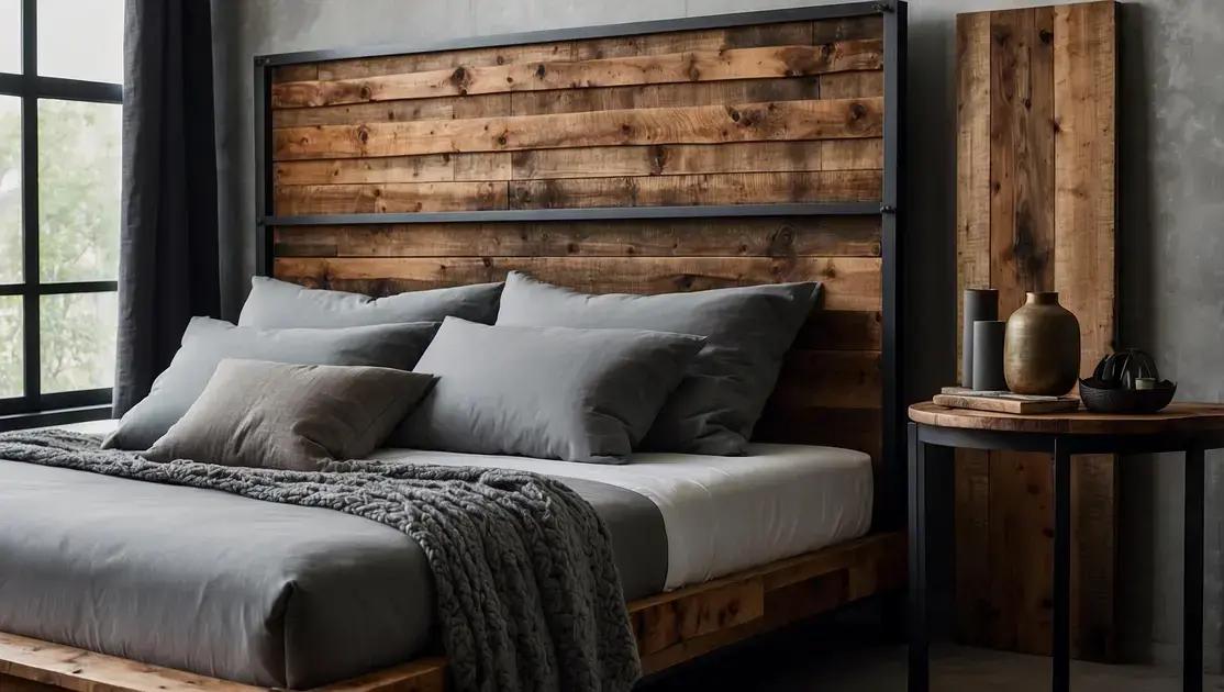 Cabeceiras de cama com madeira reciclada e detalhes de ferro