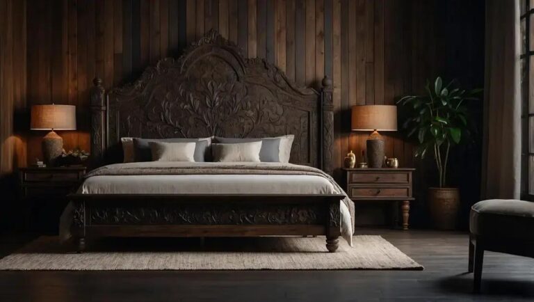 Camas rústicas de madeira escura com cabeceira entalhada artesanal