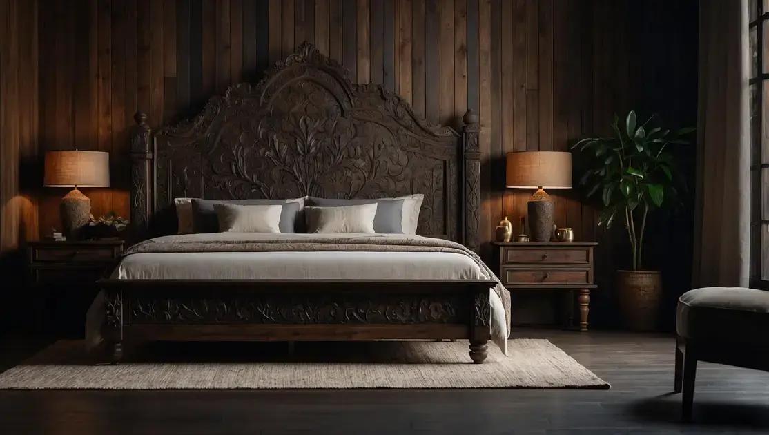 Camas rústicas de madeira escura com cabeceira entalhada artesanal