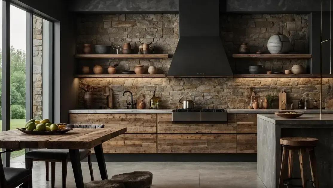 Cozinha integrada com armários de demolição e bancadas de pedra bruta