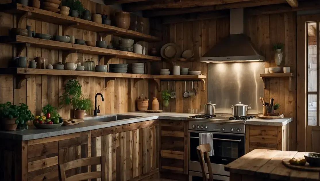 Cozinha rústica compacta com prateleiras abertas de madeira reciclada