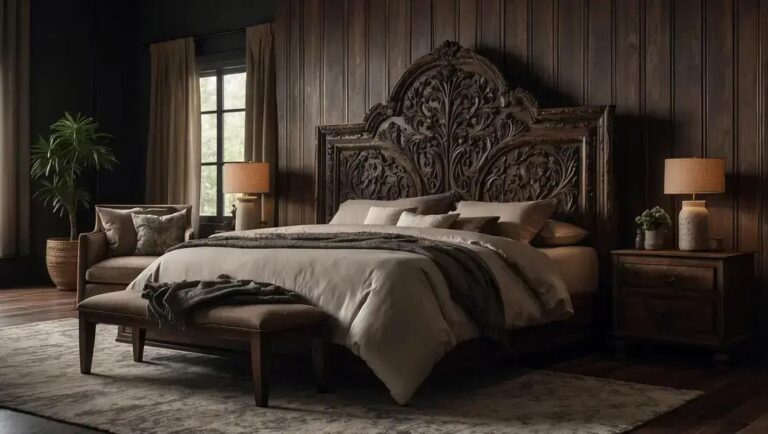 Criação e design de camas rústicas com cabeceira entalhada artesanal escura