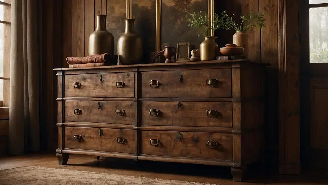 Criação e design de cômodas rústicas com acabamento queimado e puxadores de bronze