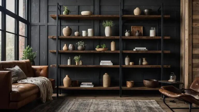 Criação e design de estantes rústicas com madeira reciclada e estrutura preta