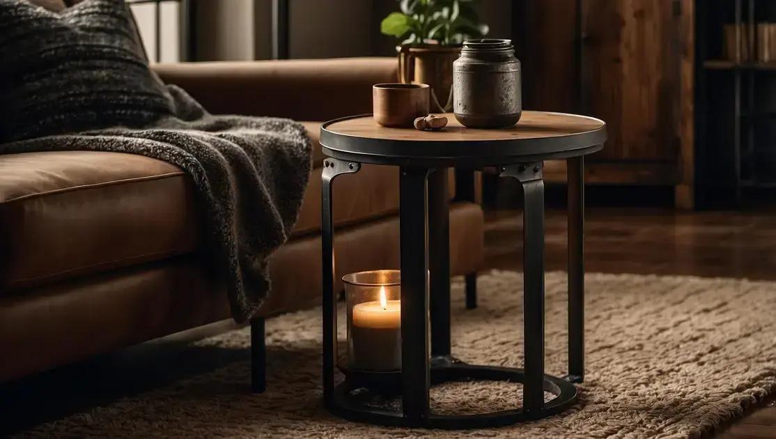 Criação e design de mesas laterais rústicas com pés de ferro industrial fosco