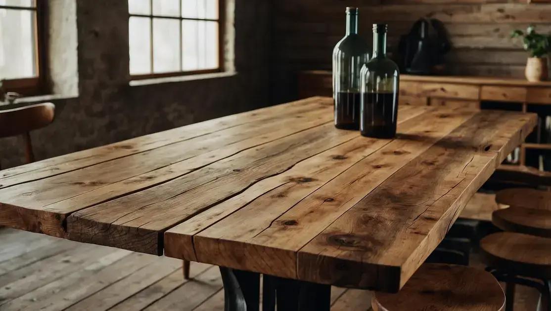 Criação e design de mesas rústicas com tampo de madeira reciclada torneada