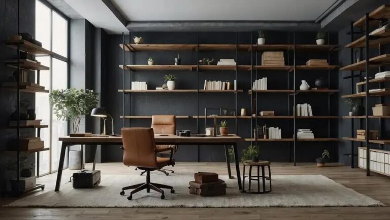 Criação e design de prateleiras suspensas de demolição para escritório minimalista