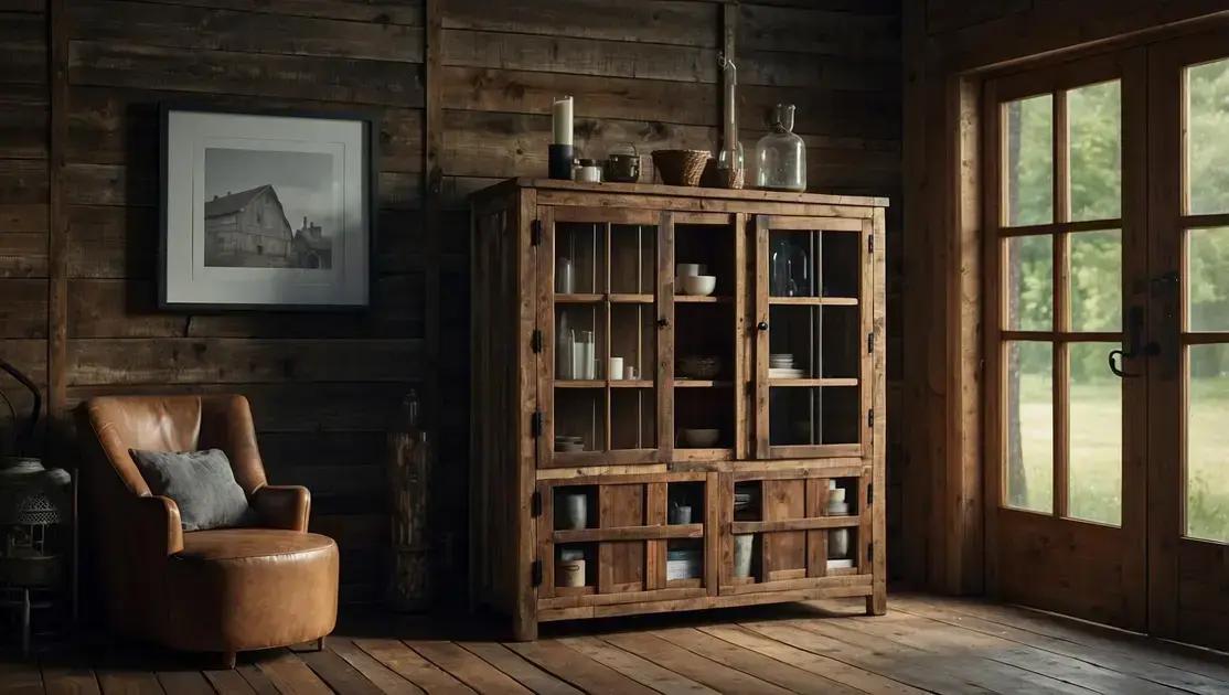 Cristaleiras de madeira de demolição com portas de vidro reciclado