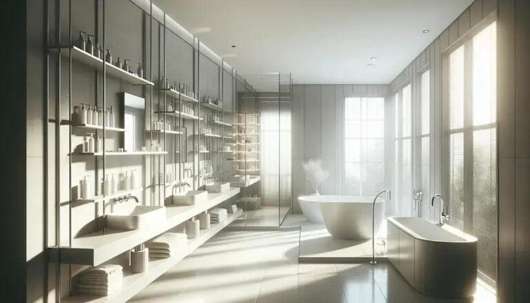 Decoração de banheiro minimalista com prateleiras de madeira envelhecida