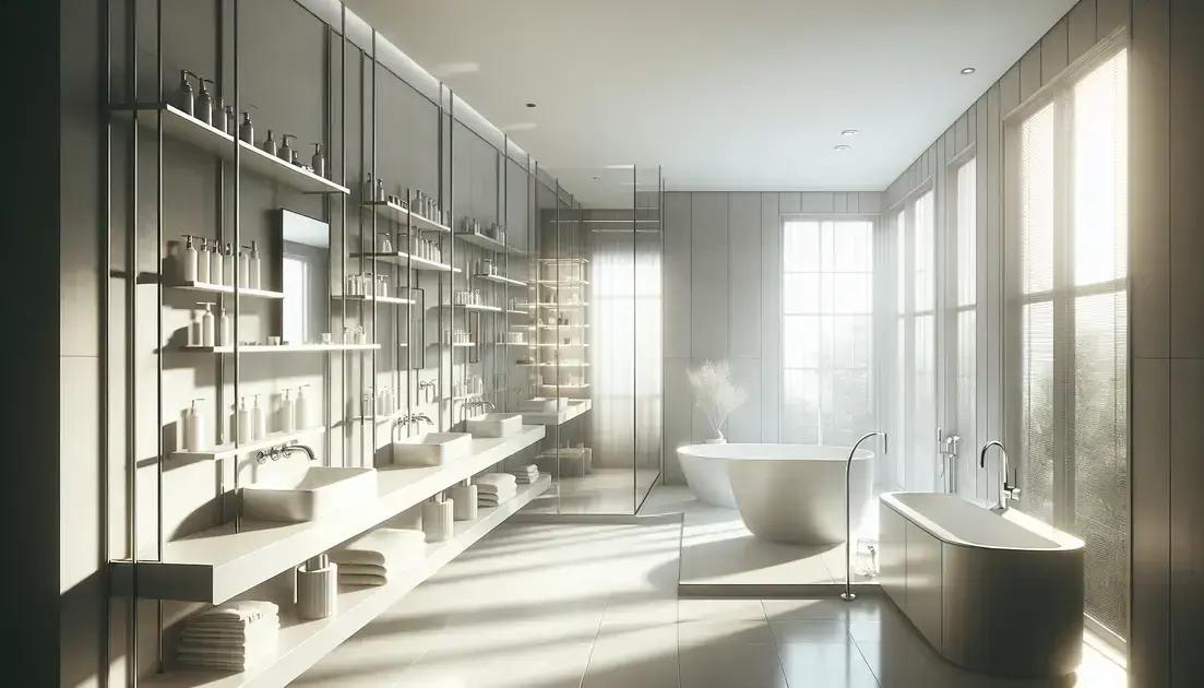 Decoração de banheiro minimalista com prateleiras de madeira envelhecida