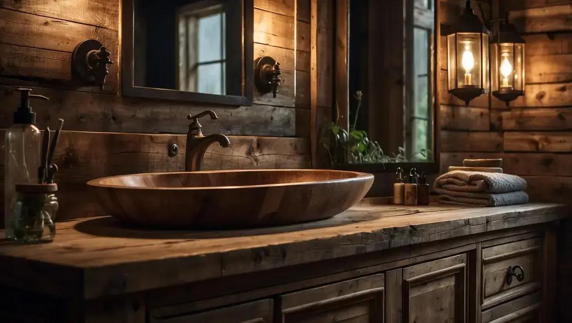 Decoração de banheiro rústico com pia de madeira antiga impermeabilizada