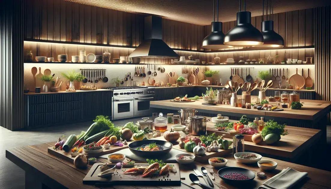 Decoração de cozinha gourmet com ilha de madeira de demolição encerada