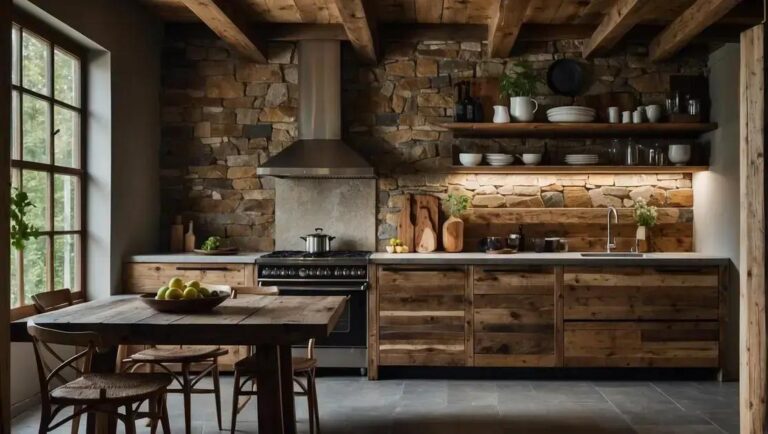 Decoração de cozinha integrada com armários de demolição e bancada de pedra