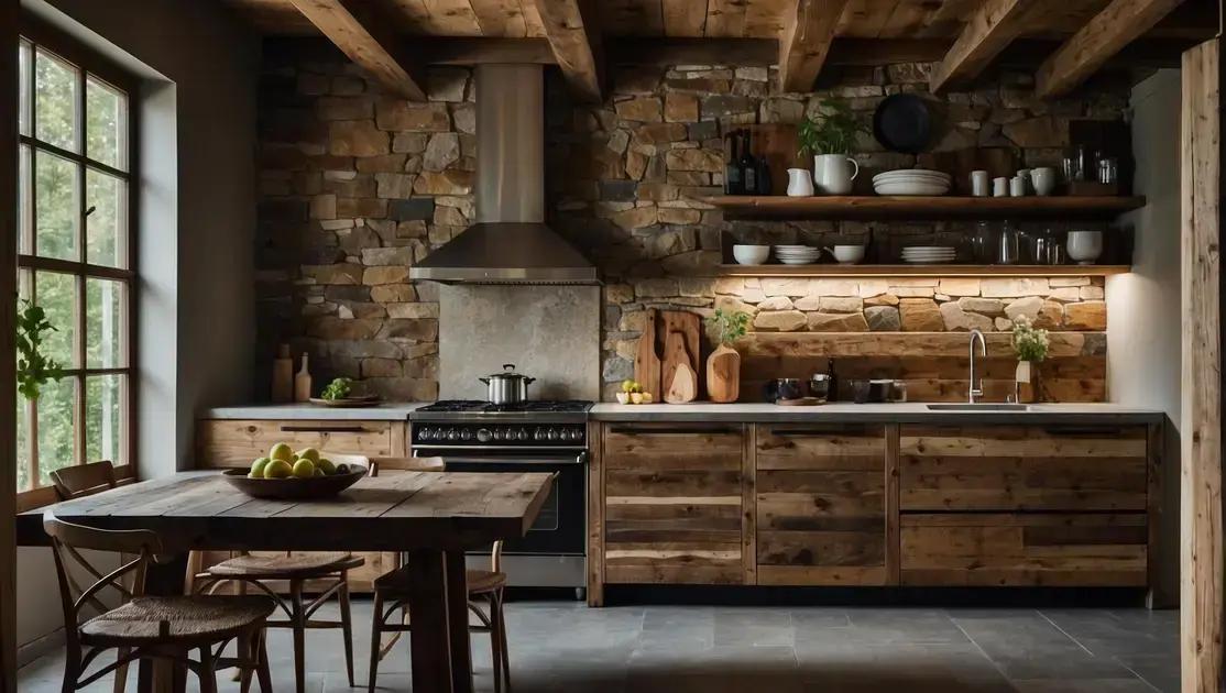 Decoração de cozinha integrada com armários de demolição e bancada de pedra