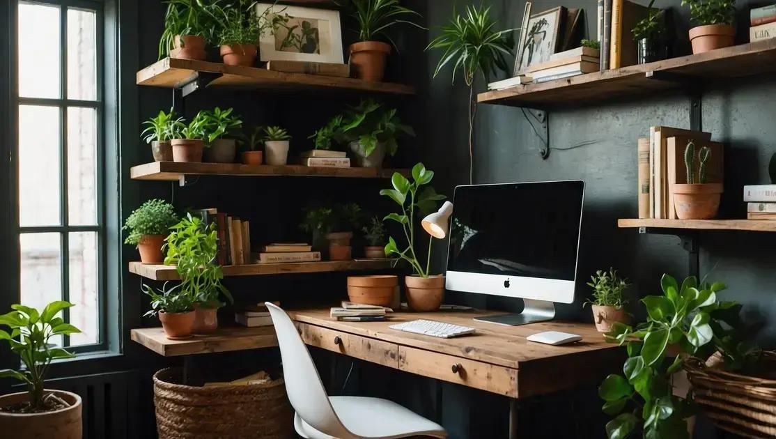 Decoração de escritório doméstico com prateleiras de madeira reaproveitada