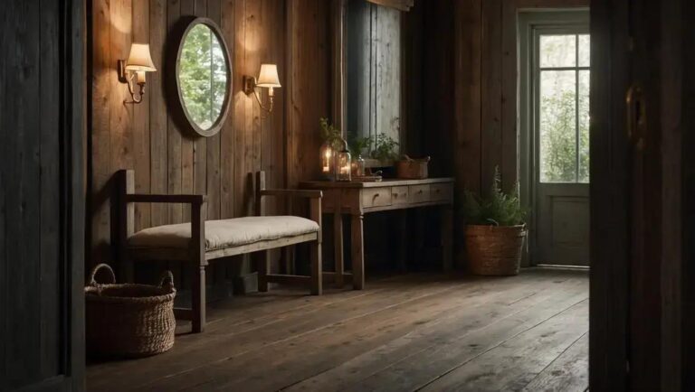 Decoração de hall de entrada com banco de demolição e espelho envelhecido