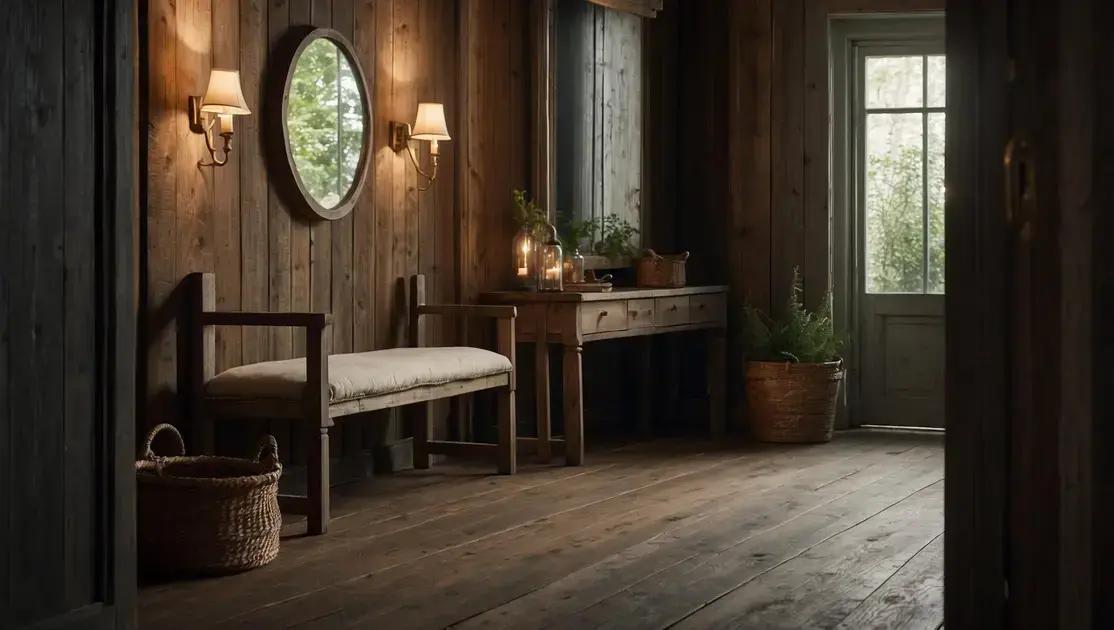 Decoração de hall de entrada com banco de demolição e espelho envelhecido