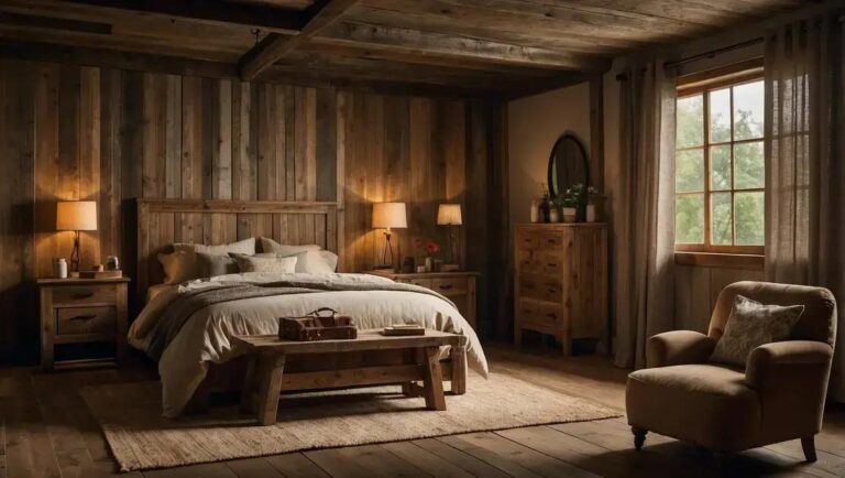 Decoração de quarto de hóspedes com móveis de demolição e iluminação suave