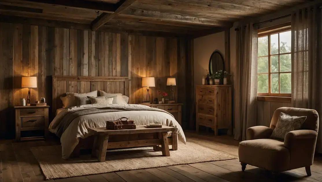 Decoração de quarto de hóspedes com móveis de demolição e iluminação suave