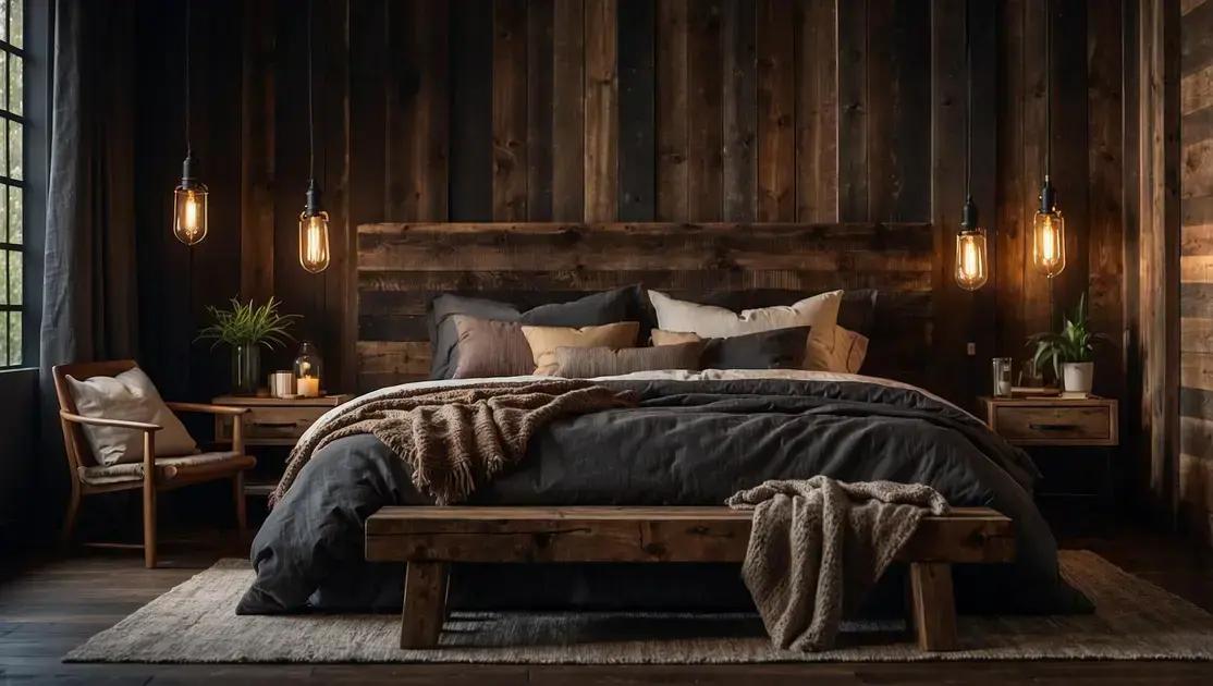 Decoração de quarto rústico com cabeceira de madeira de demolição escura