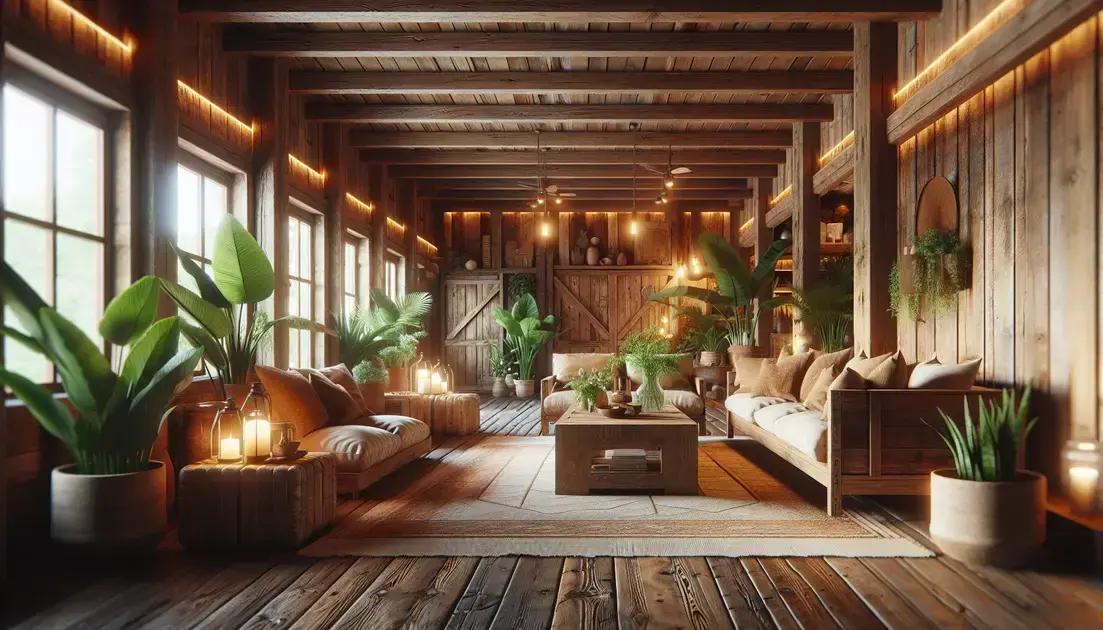 Decoração de sala de estar rústica com parede de tábuas de demolição natural