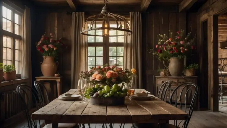 Decoração de sala de jantar com mesa rústica de demolição e cadeiras de ferro