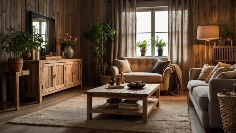 Decoração de sala pequena com móveis de madeira de demolição clara