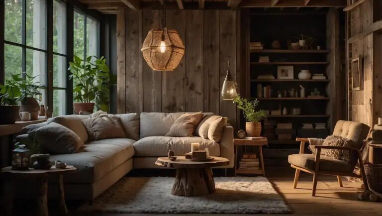 Decoração de sala pequena com móveis de madeira de demolição clara natural