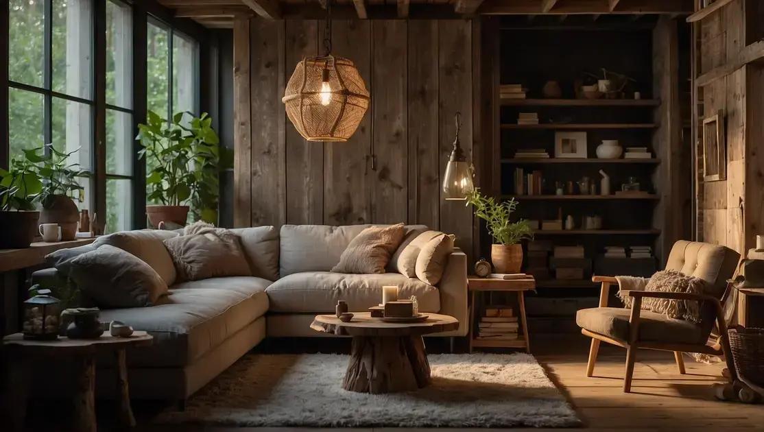 Decoração de sala pequena com móveis de madeira de demolição clara natural