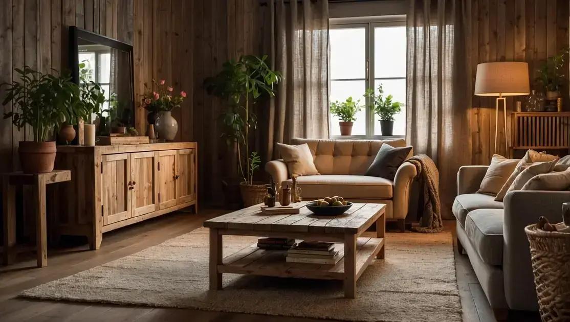 Decoração de sala pequena com móveis de madeira de demolição clara