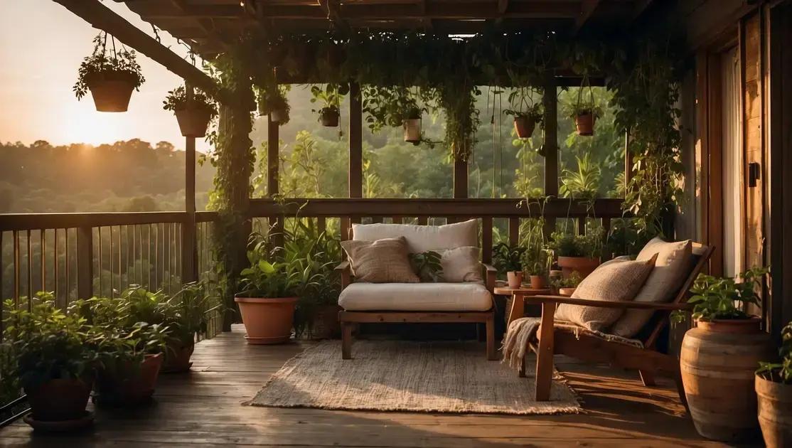 Decoração de varanda coberta com móveis rústicos e plantas suspensas