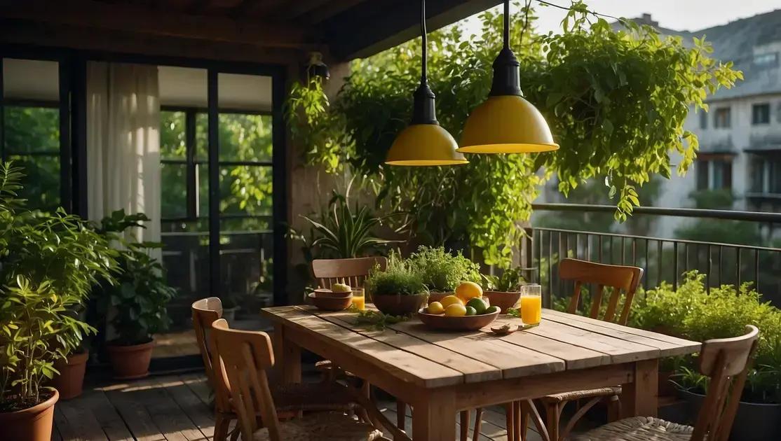Decoração de varanda gourmet com mesa rústica e iluminação pendente amarela
