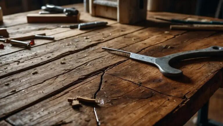 Escritório caseiro decorado com prateleiras de madeira reaproveitada