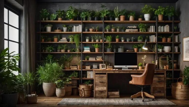 Escritório doméstico decorado com prateleiras de madeira reaproveitada