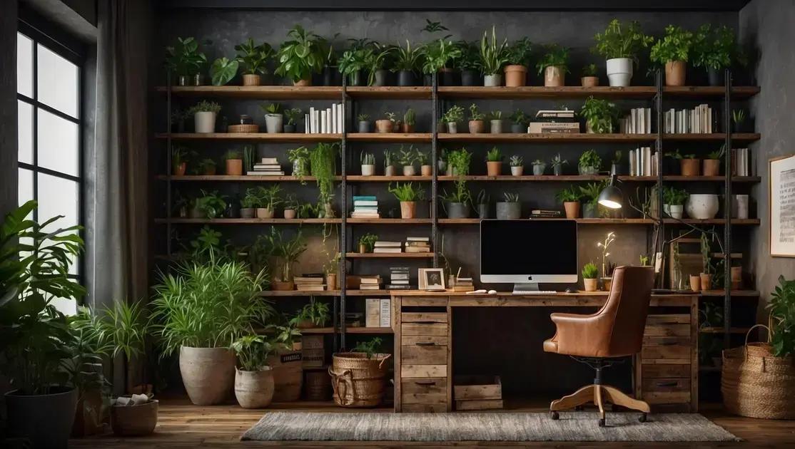 Escritório doméstico decorado com prateleiras de madeira reaproveitada