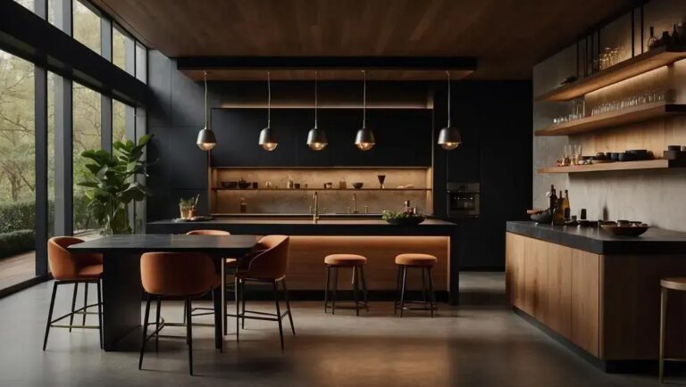 Espaço gourmet com balcão de demolição e iluminação em trilho preto