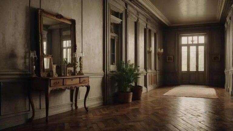 Hall de entrada com banco de demolição e espelho moldura envelhecida