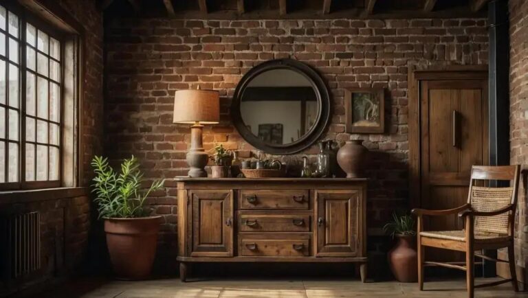 Hall rústico elegante com aparador antigo e parede de tijolo aparente