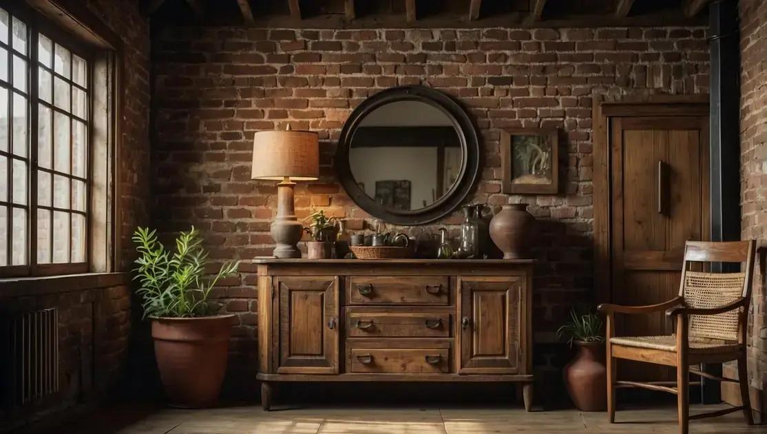 Hall rústico elegante com aparador antigo e parede de tijolo aparente